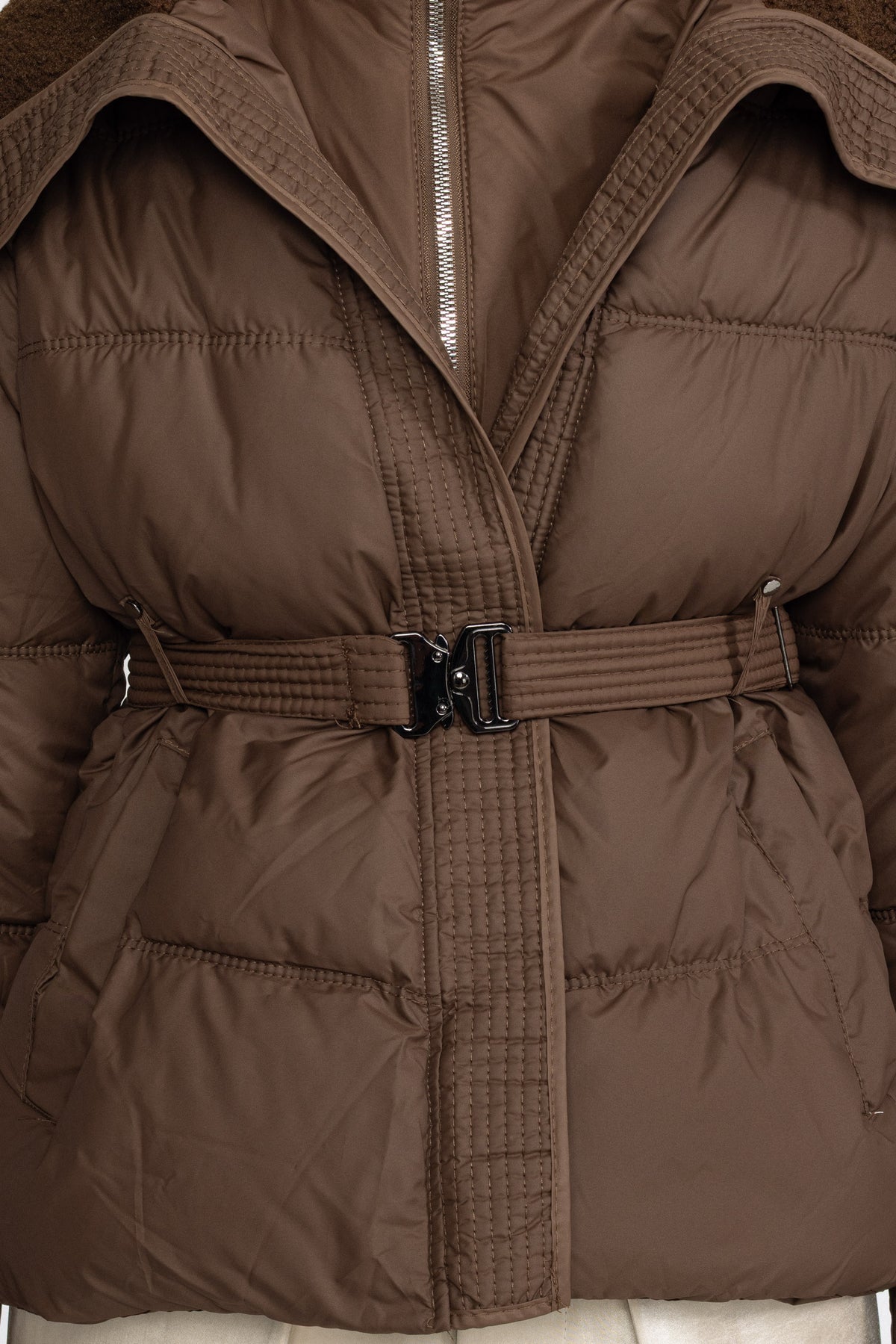 Belted Puffer Jacket with Teddy Collar - Coffee