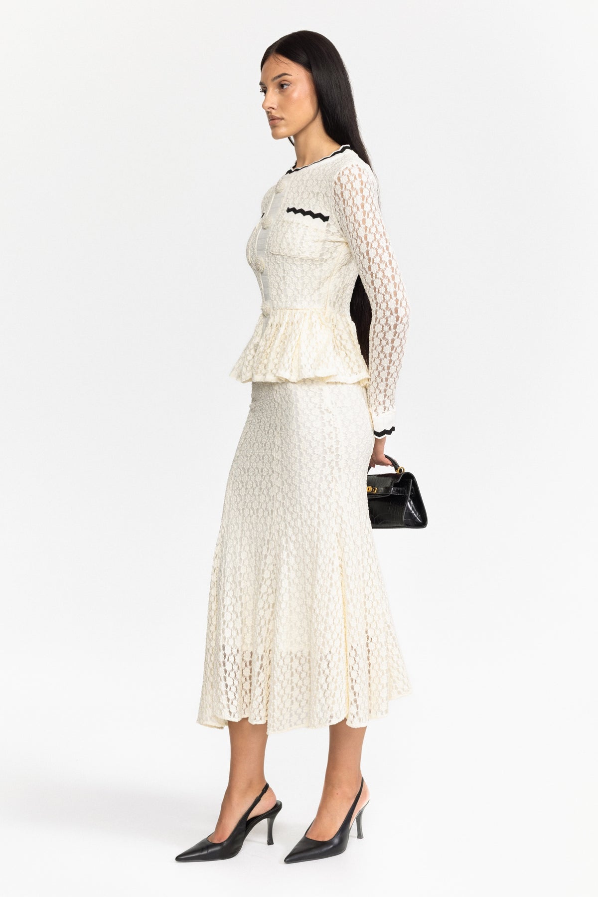 Midi-Kleid aus Häkelstrick mit Peplum und Ric-Rac-Besatz - Off-White 