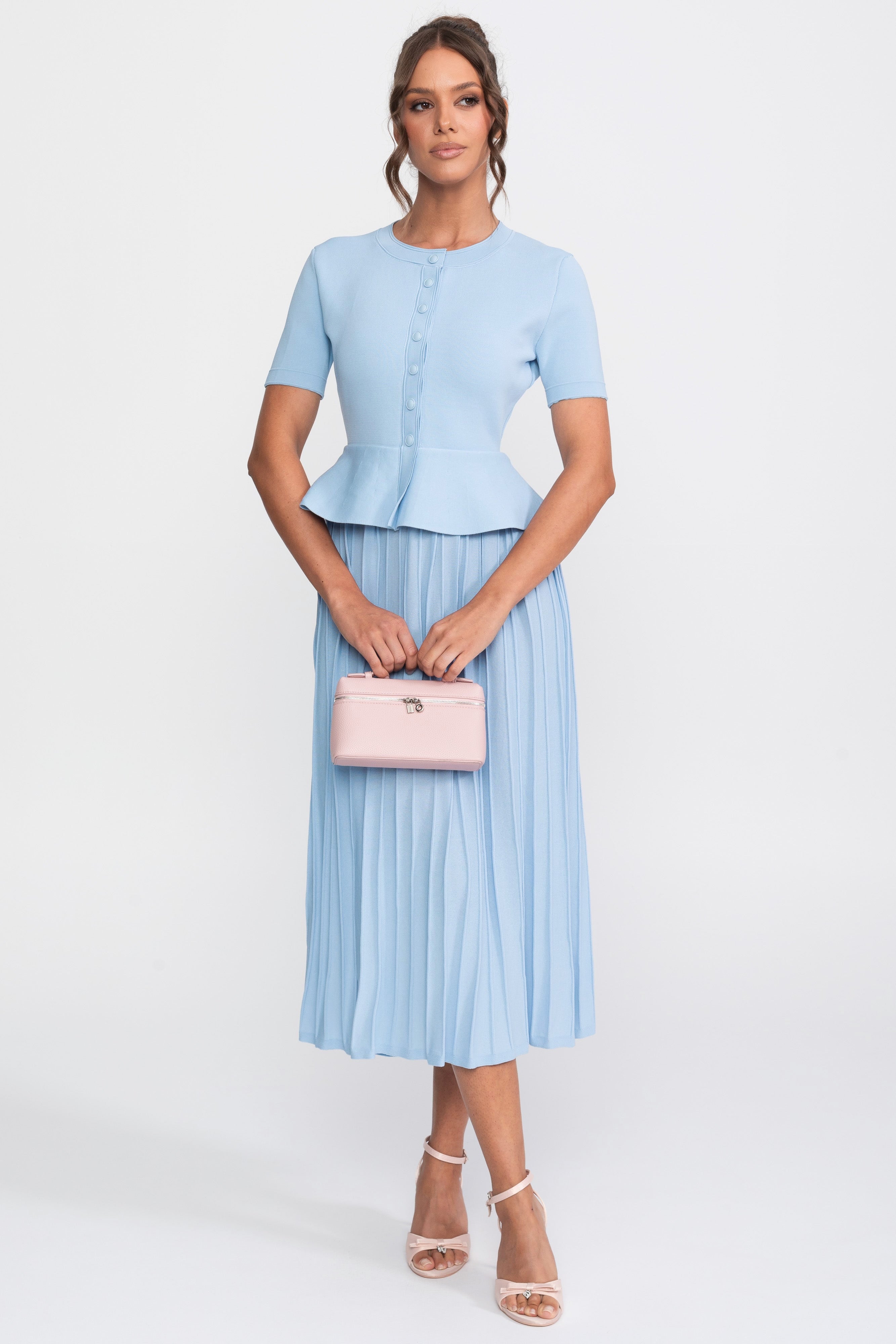 Peplum-Strick-Midikleid mit Knopfleiste - Light Blue 