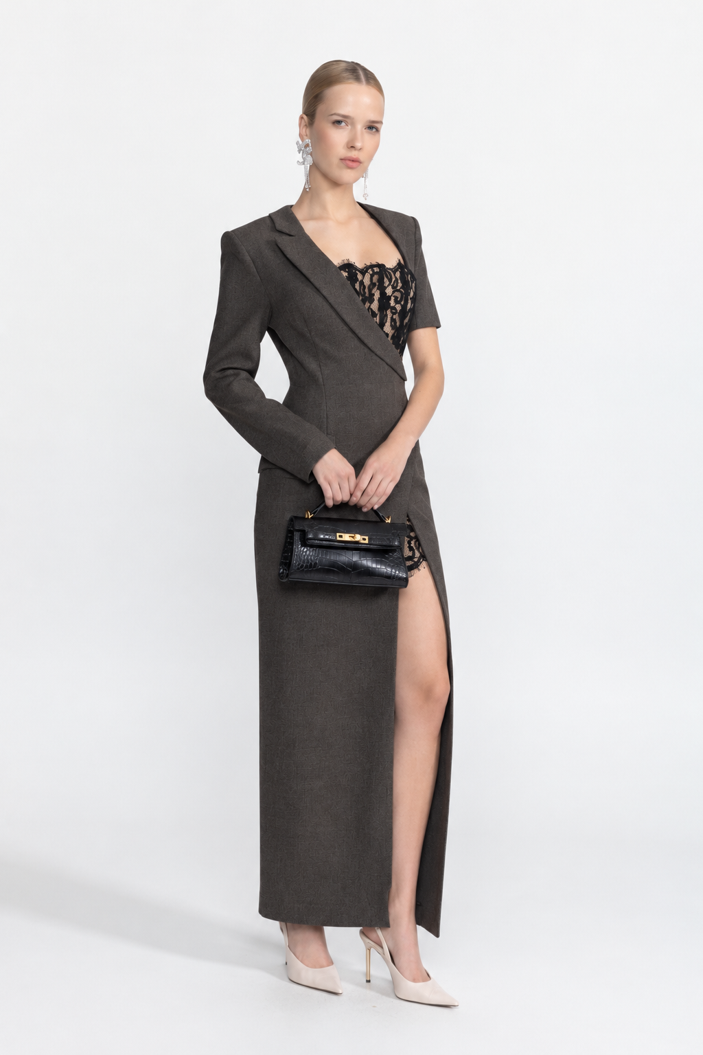Asymmetrisches Blazer-Maxikleid mit Spitzen-Bustier - Anthrazit 