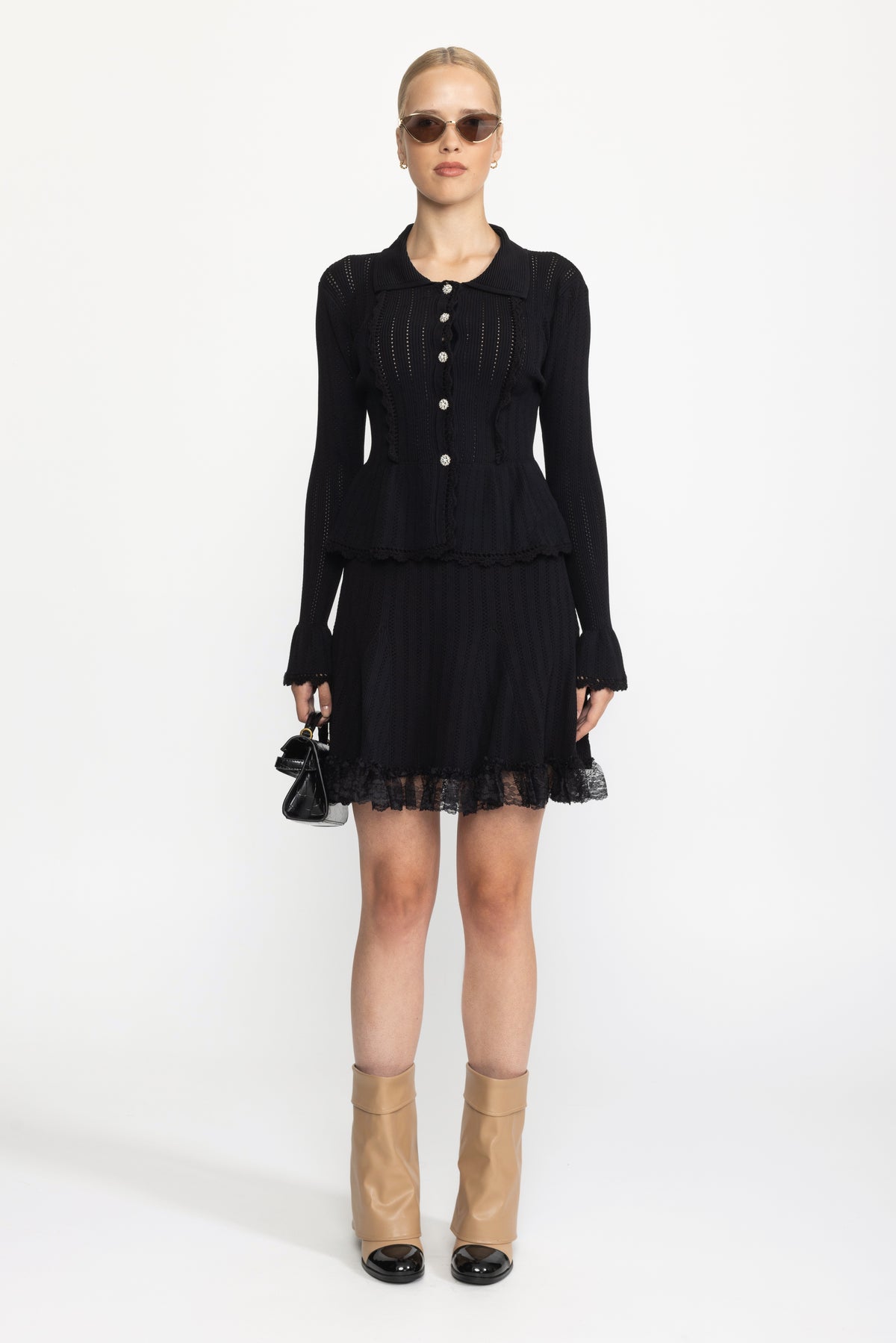 Pointelle Knit Peplum Cardigan and Lace Hem Skirt Co-ord Set - Black