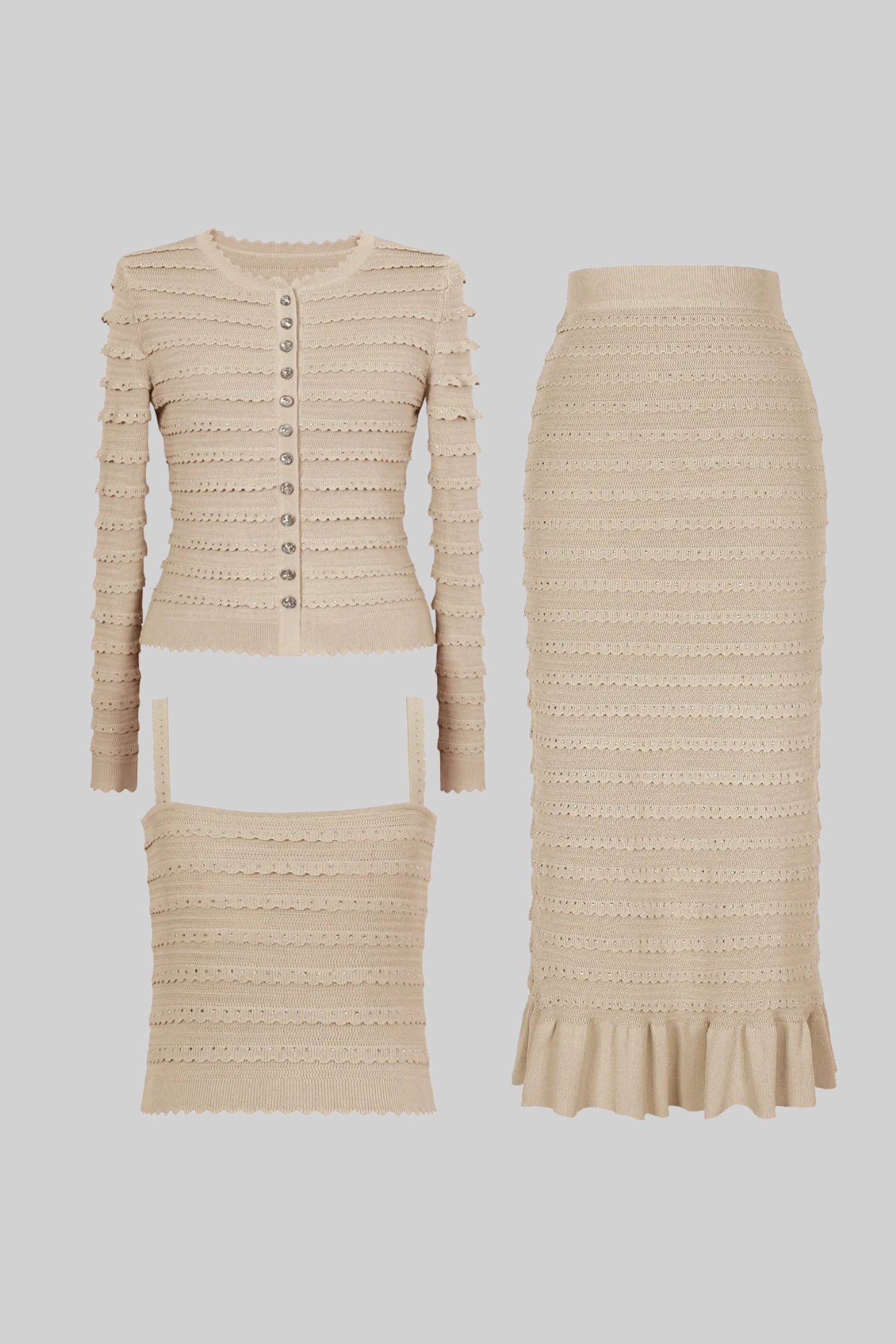 Strukturierter Strick-3-Teile-Set mit Blazer, Top und Midi-Rock - Beige 