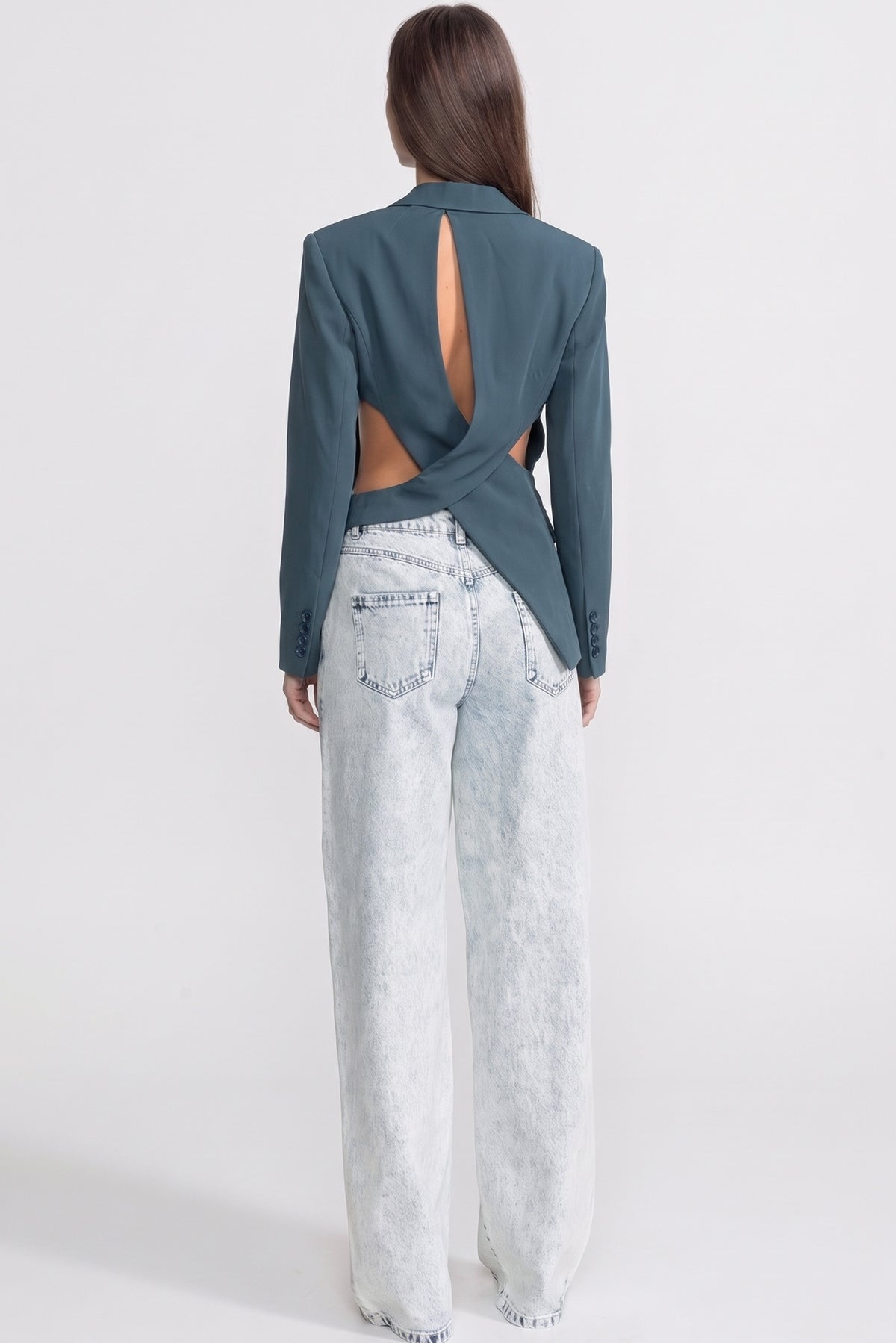 Asymmetric Cut-Out Blazer with Belt Detail - Teal