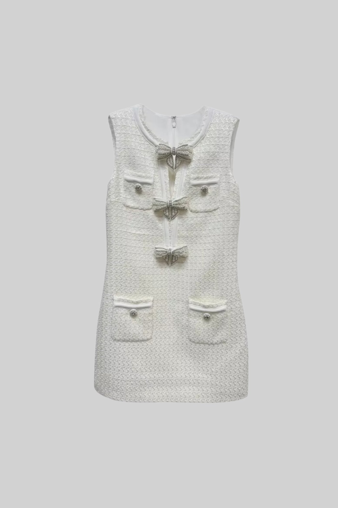 Textured Sleeveless Dress With Metal Embellished Bows - White