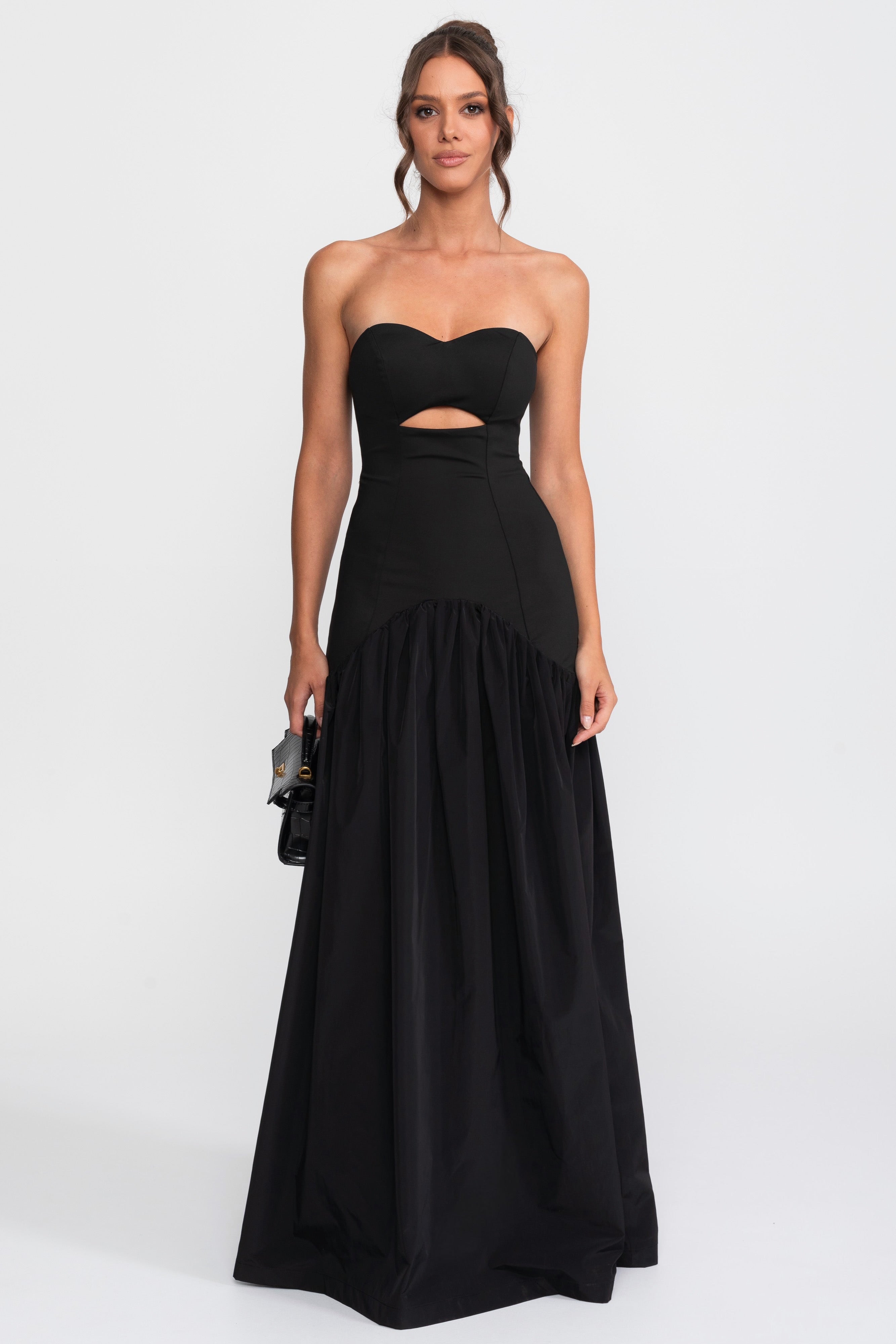 Ausschnitt-Sweetheart-Kleid mit tiefer Taille und gerafftem Rock - Schwarz 