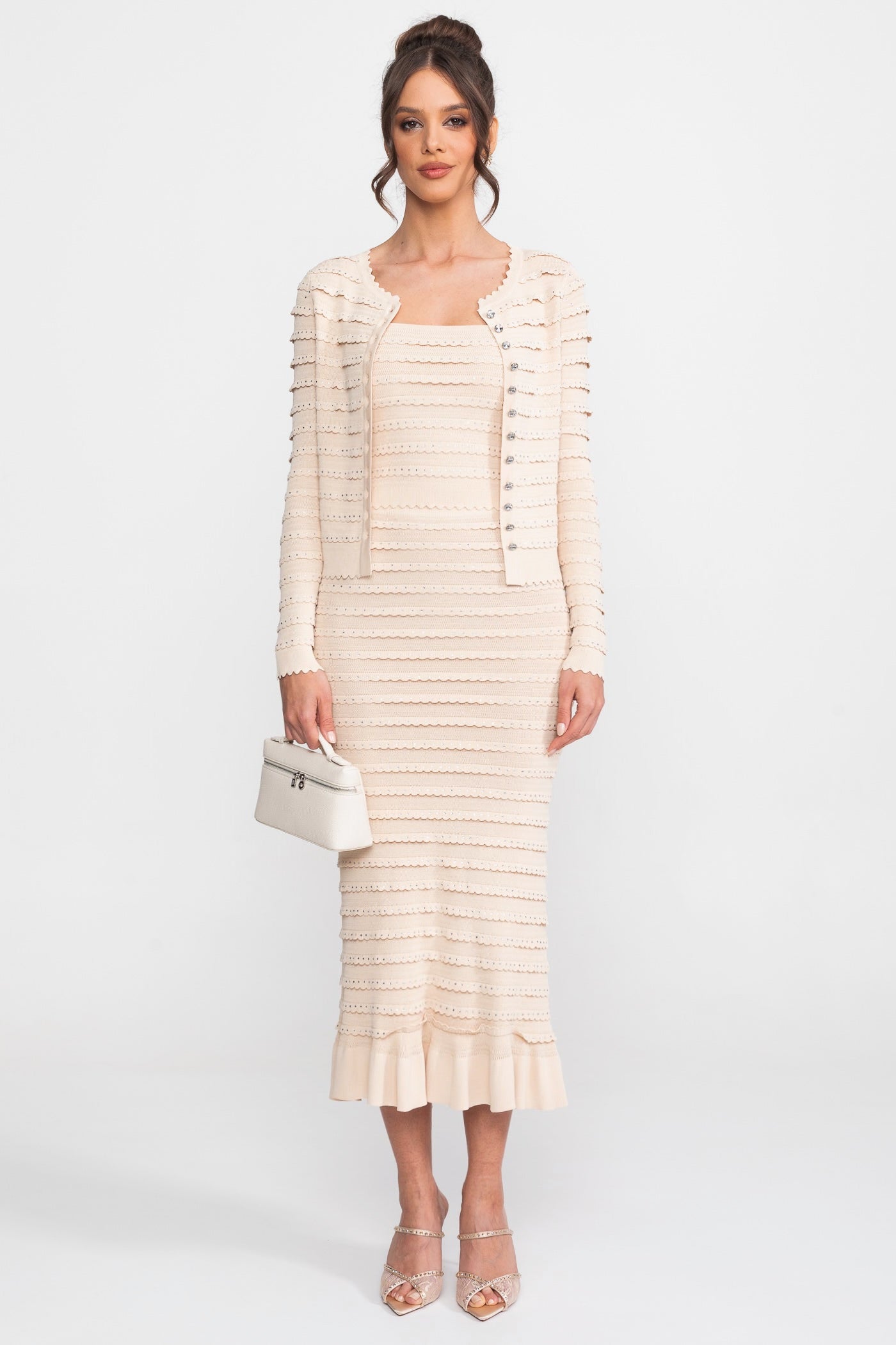 Strukturierter Strick-3-Teile-Set mit Blazer, Top und Midi-Rock - Beige 