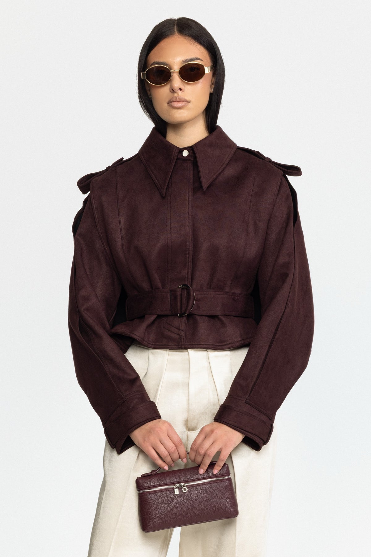 Cape-Jacke aus Veloursleder mit Gürtel - Burgunderrot 