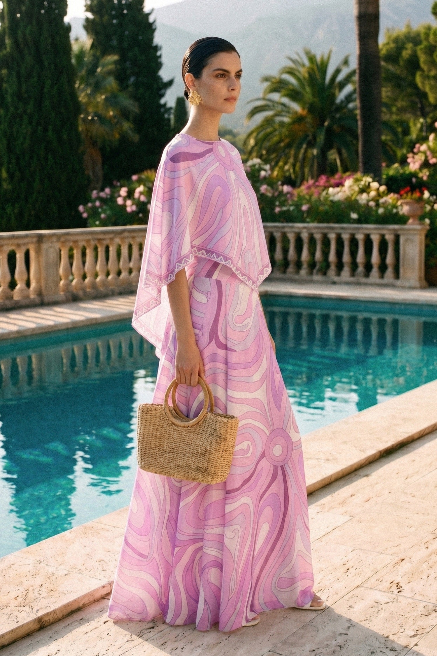 Co-Ord-Set mit bedrucktem Cape-Top und Maxirock - Pink 