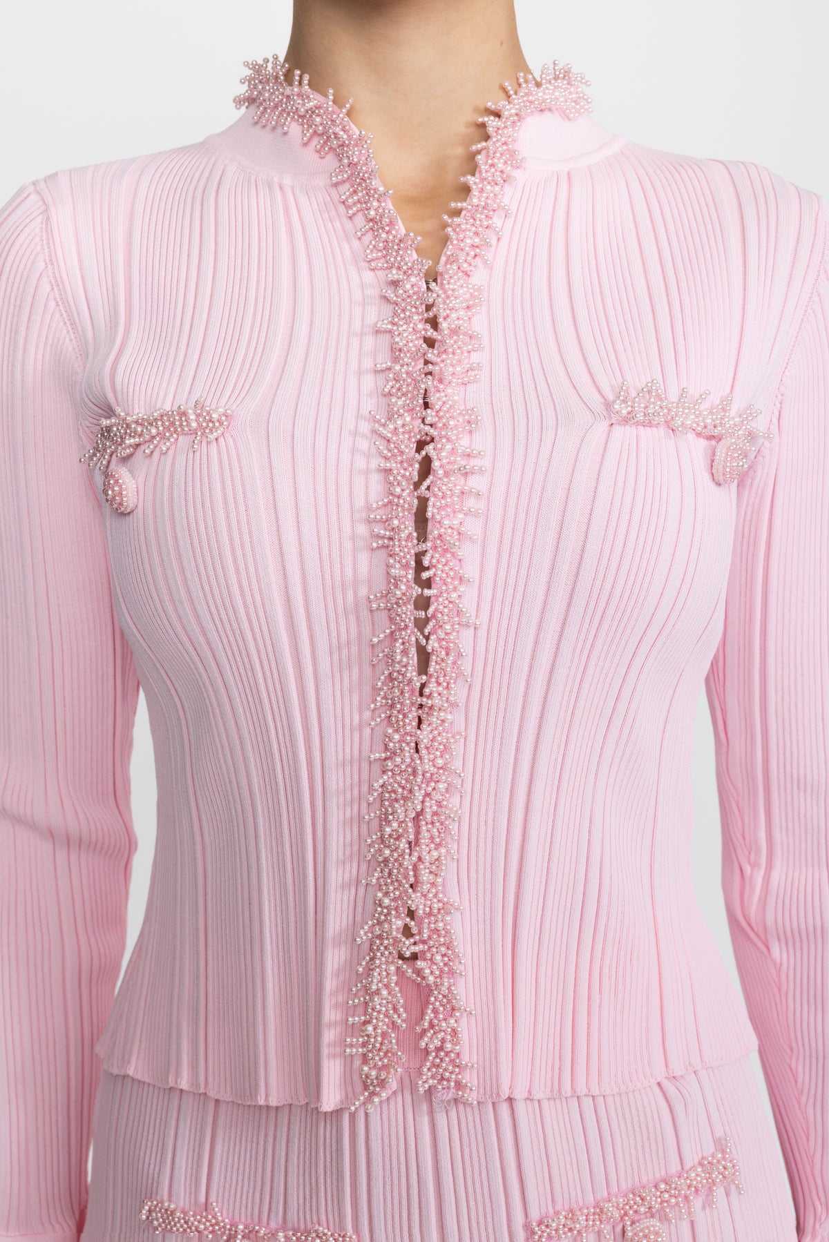 Beaded Trim Rib Knit Cardigan and Mini Skirt Co-ord Set - Pink