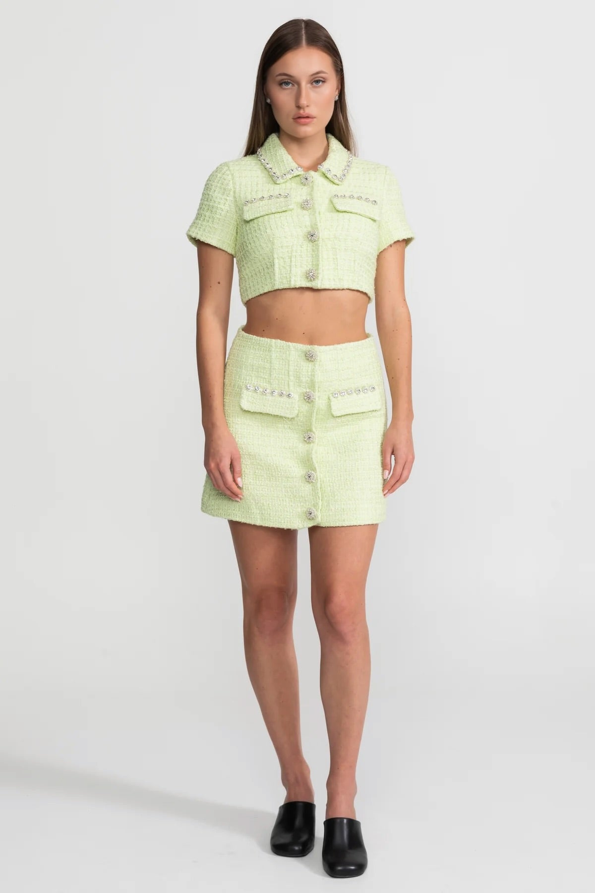 Crystal-Trim Tweed Co-ord Set  – Lime