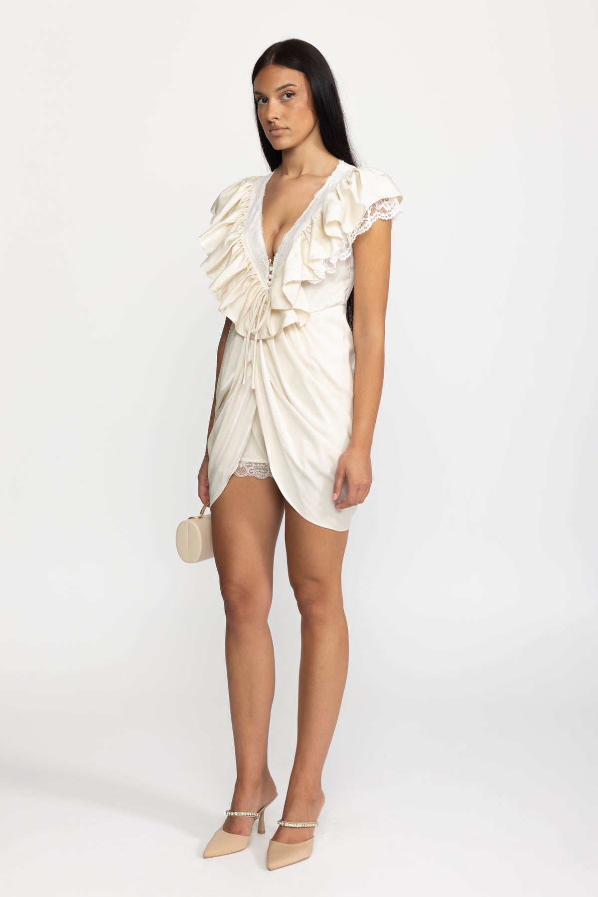 Ruffled Satin Wrap Overlay Playsuit - Ivoire