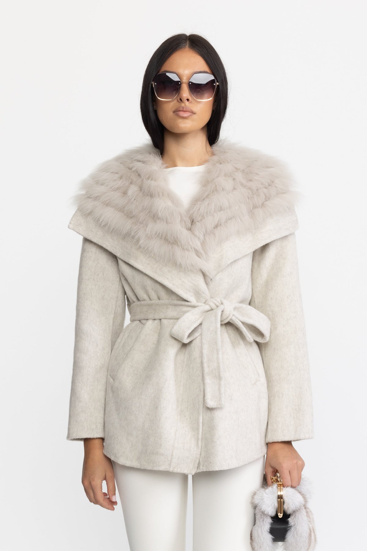 Wool Coat with Oversized Fur Collar And Belt - Light Grey