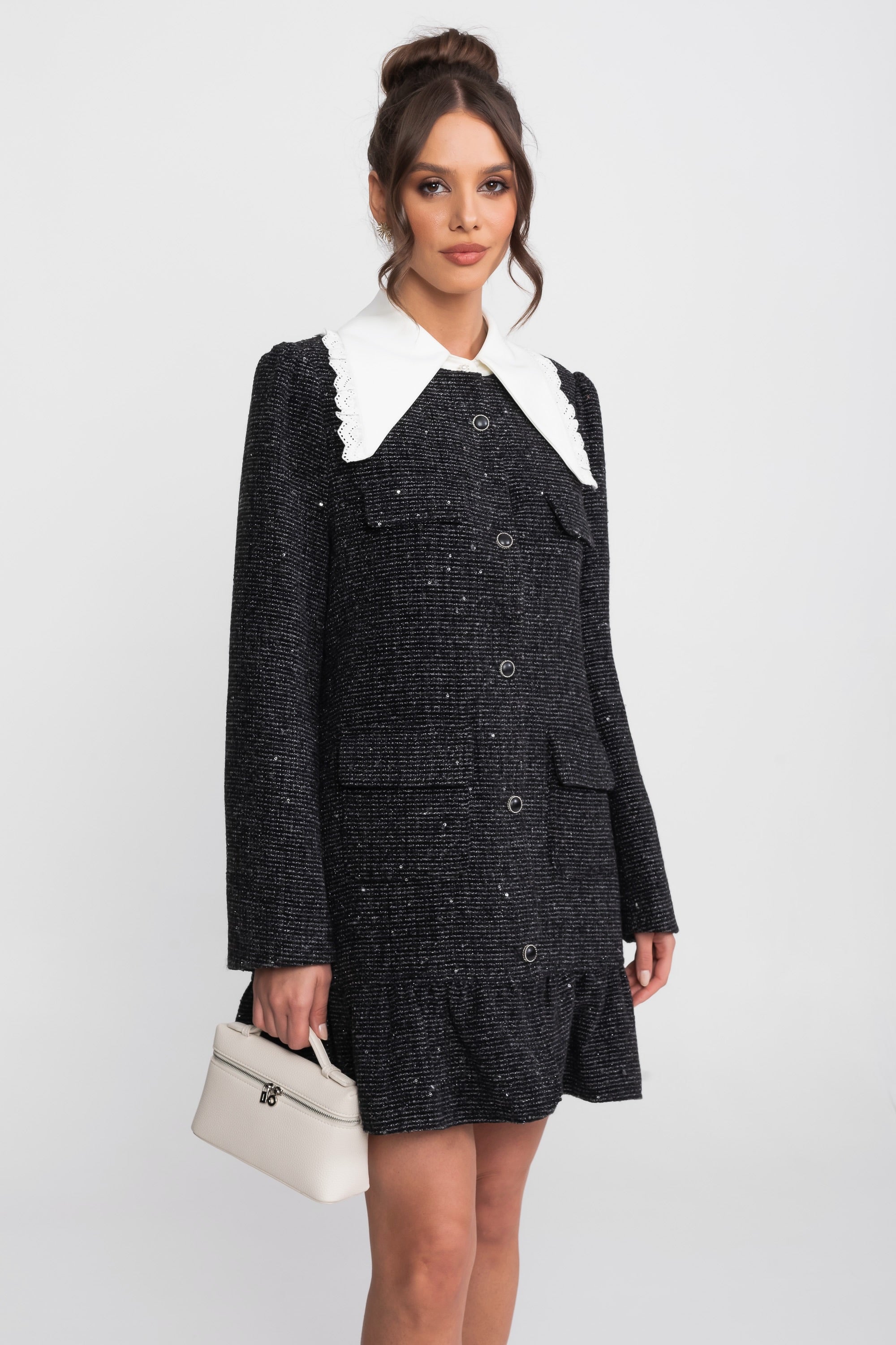 Bouclé Tweed Mini Dress With Lace-Trim Collar And Ruffle Hem - Charcoal