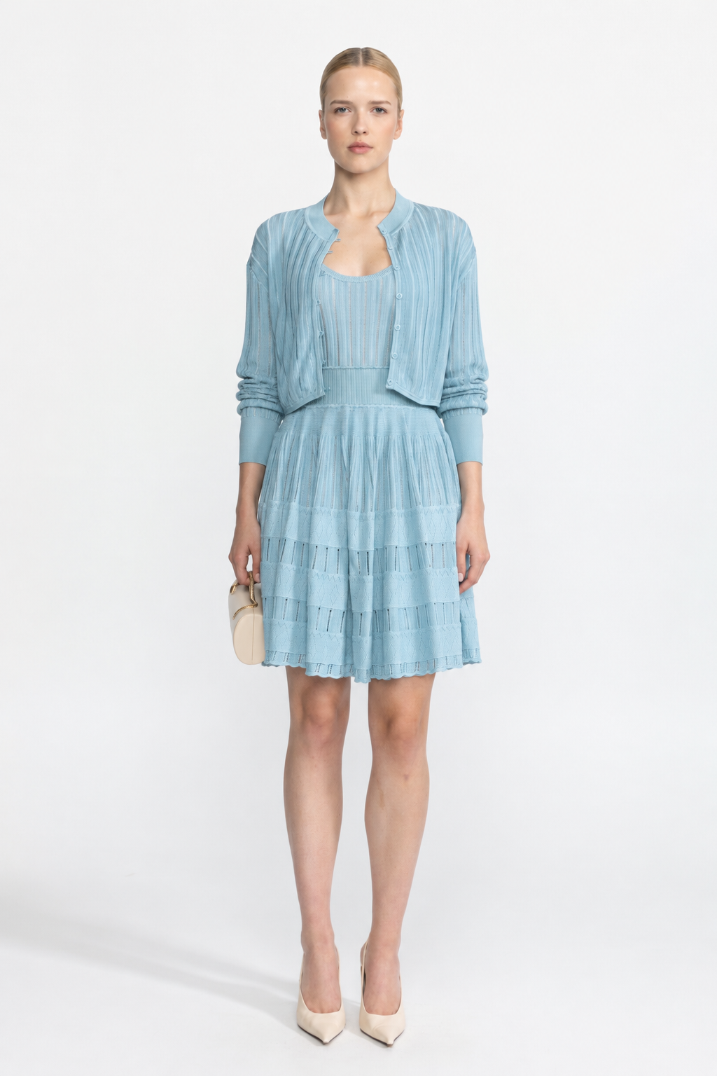 Rib Pointelle Knit Cropped Cardigan and Skater Dress Set - Light Blue