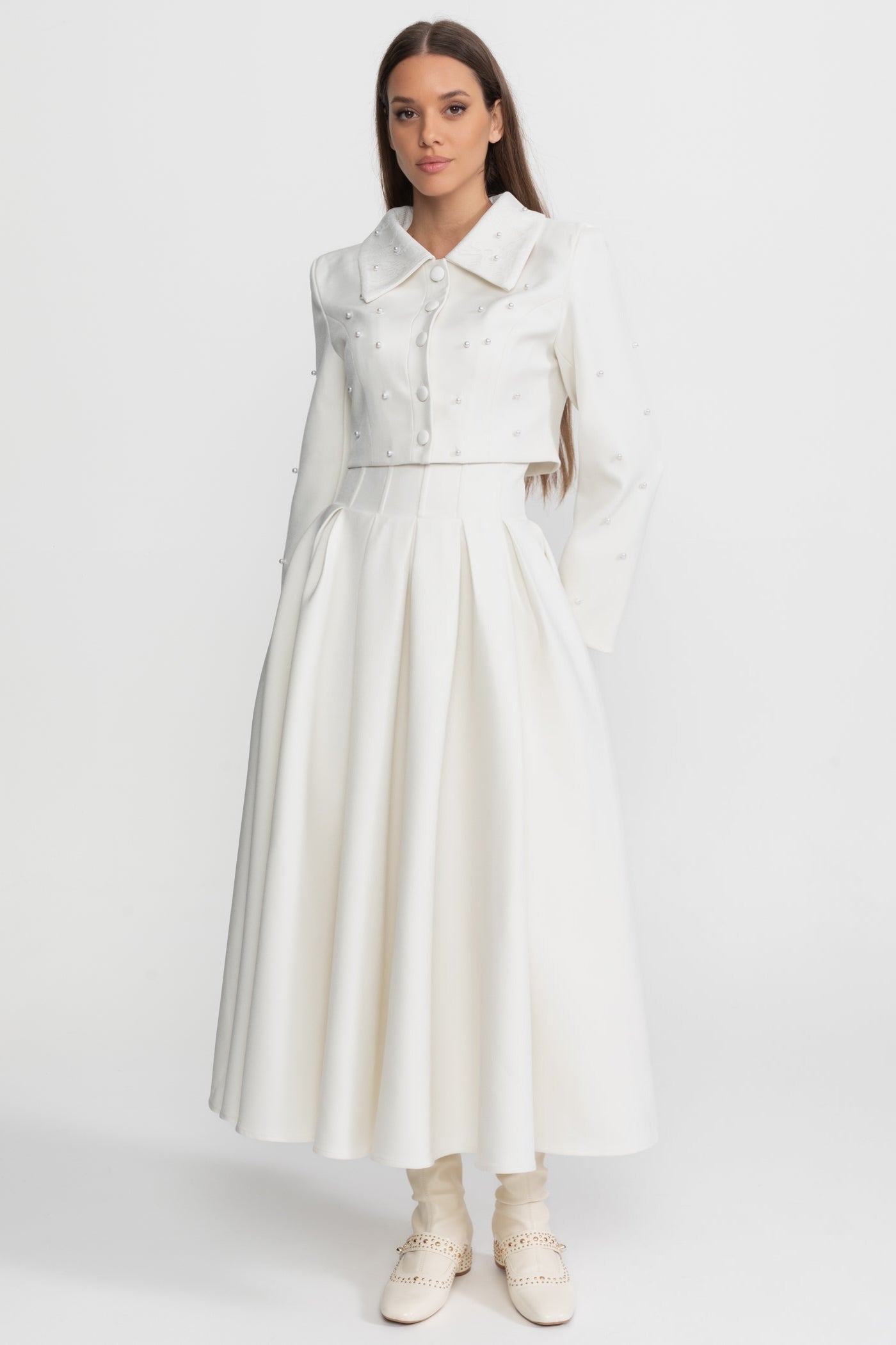 Pearl-Embellished Co-Ord Set with Cropped Jacket and Full Skirt – White