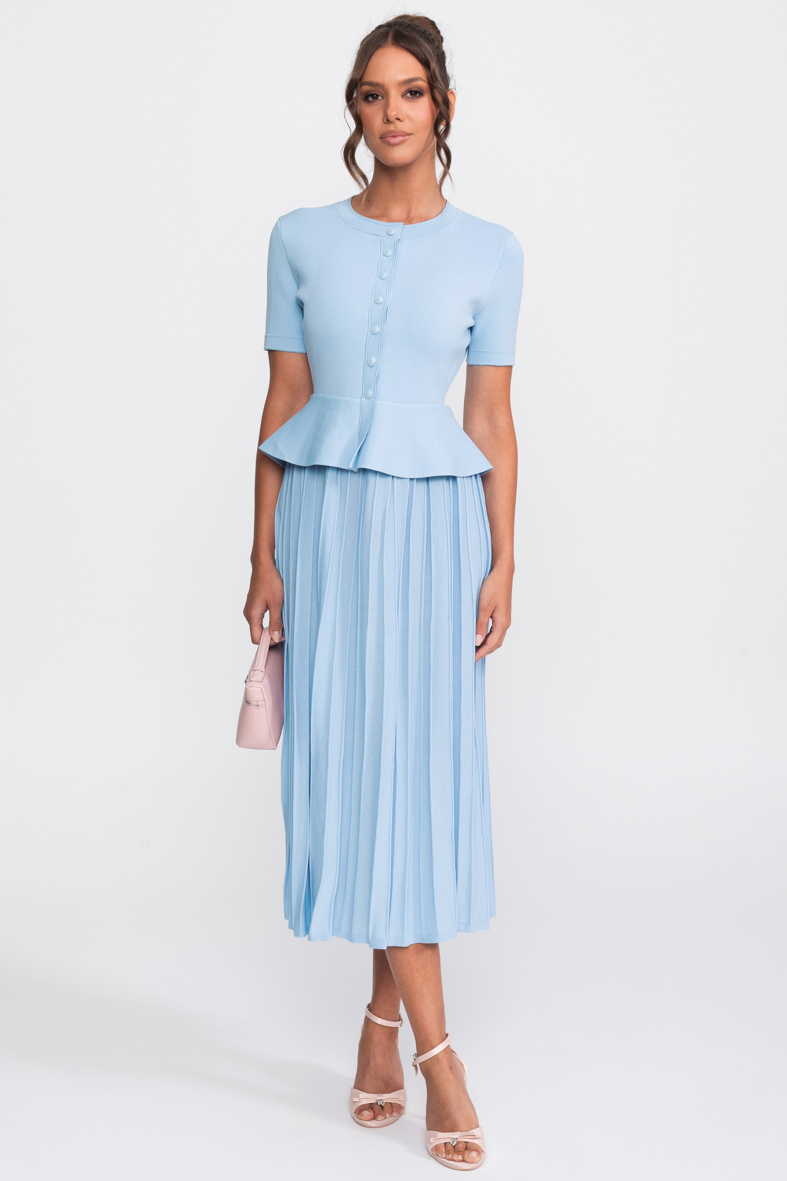Peplum-Strick-Midikleid mit Knopfleiste - Light Blue 