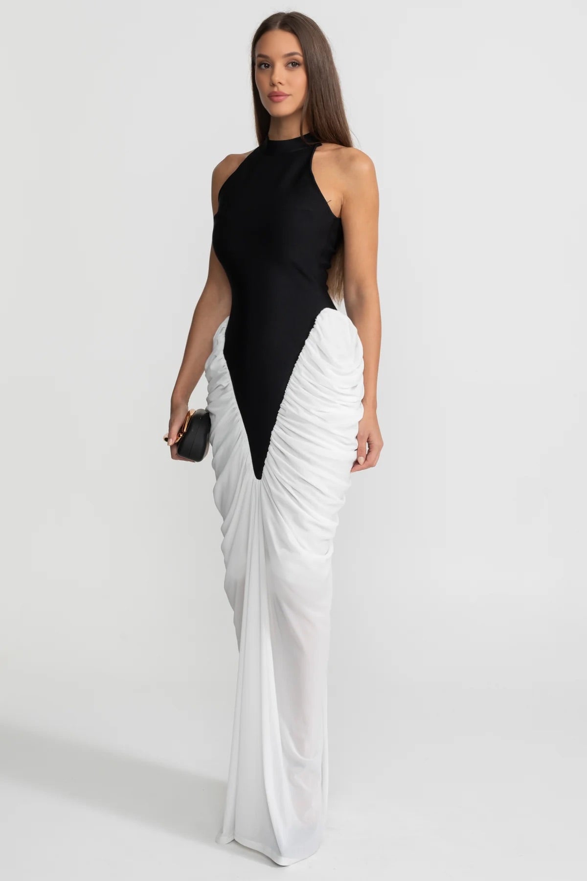 Halter Maxi Dress with  Contrasting Ruched Paneling - Black/White