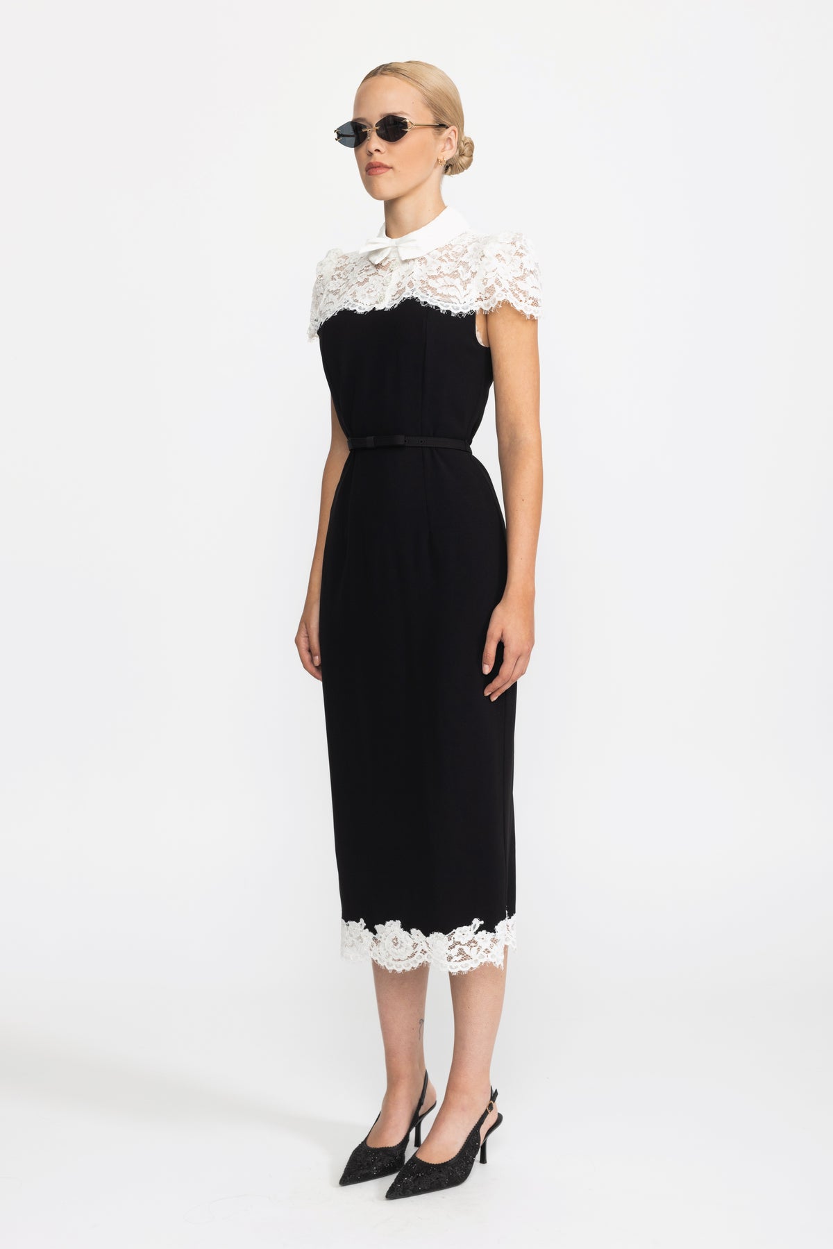 Lace Yoke Bow Collar Crepe Midi Dress - Black