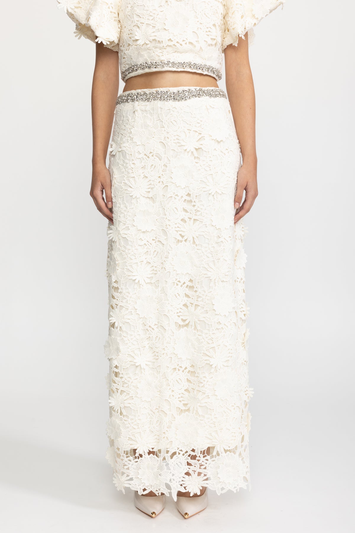 Crystal Trim Guipure Lace Crop Top and Maxi Skirt Co-ord Set - Ivoire