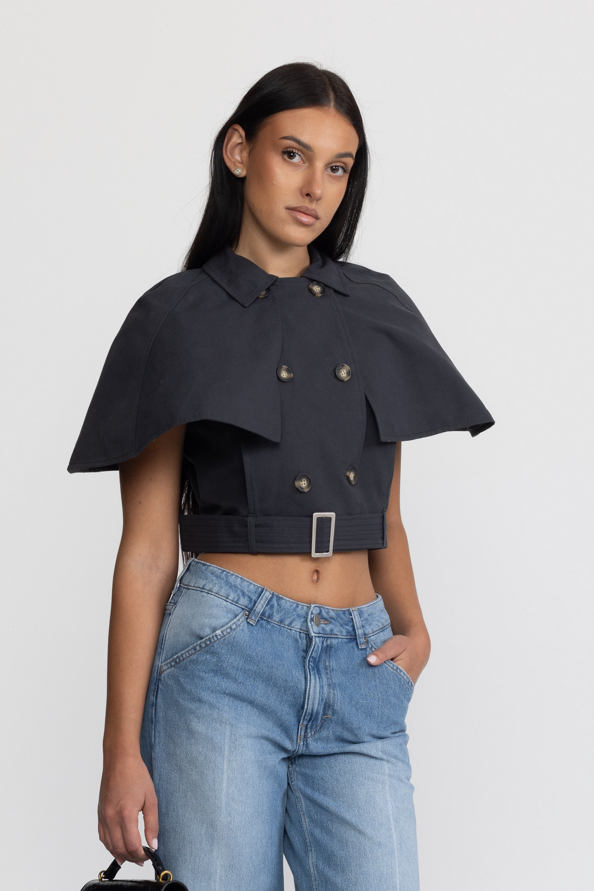 Kurz geschnittenes Trench-Cape-Top mit Gürtel - Navy 