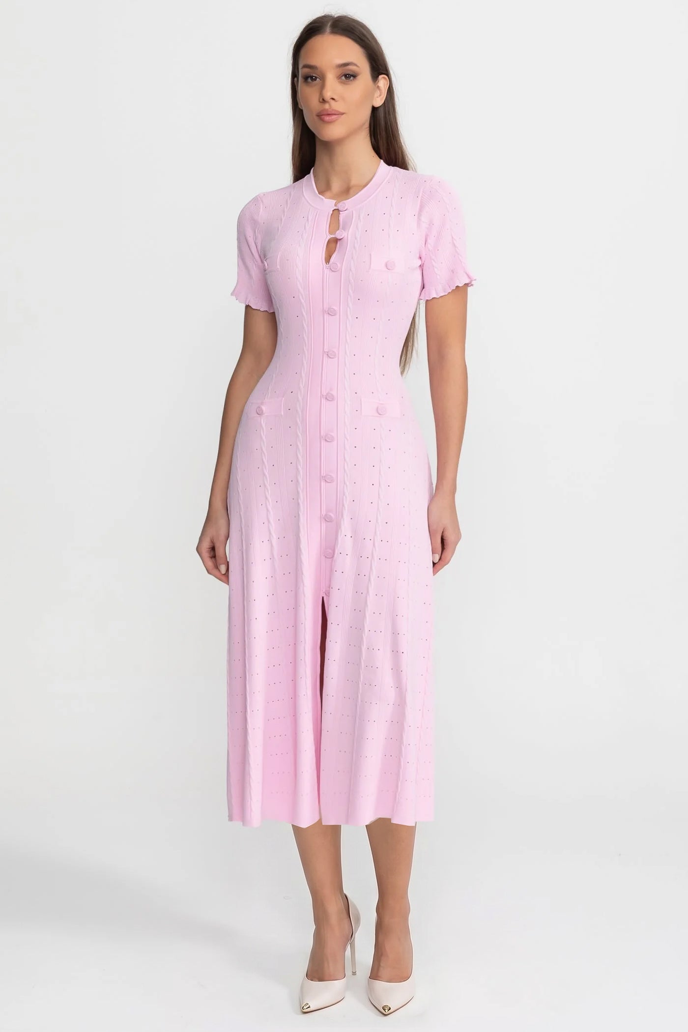 Strick-Midikleid mit Knopfleiste und geschwungenen Ärmeln – Pink 