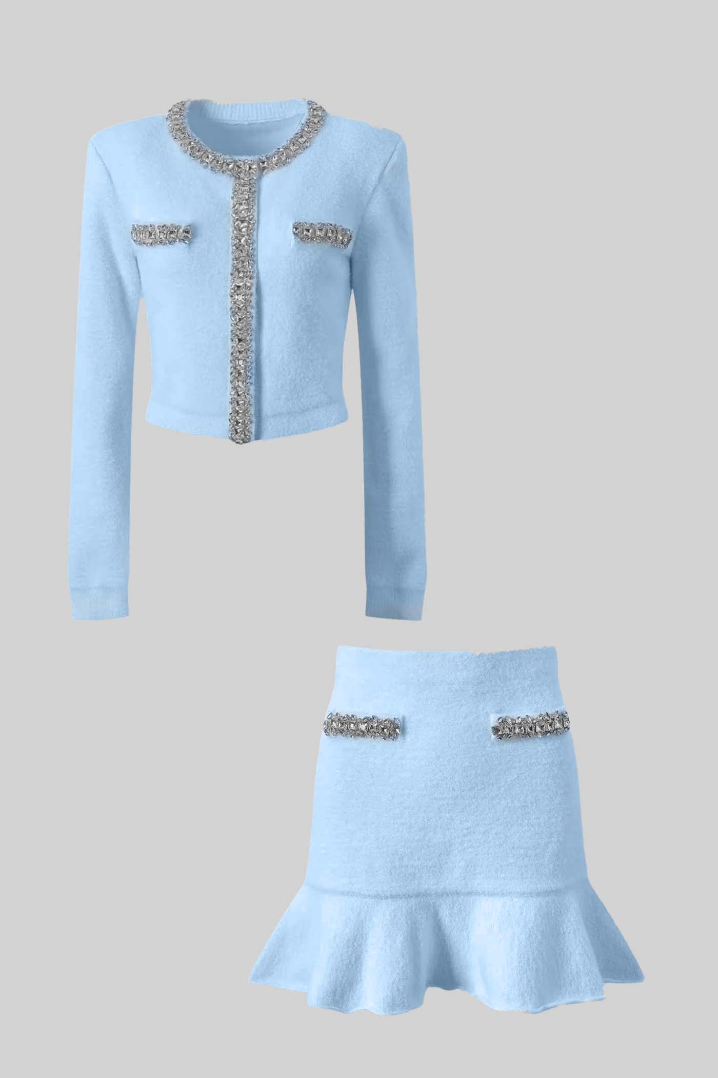 Soft Co-ord Set With Long Sleeves, Mini Skirt And Sparkling Embellishments - Blue