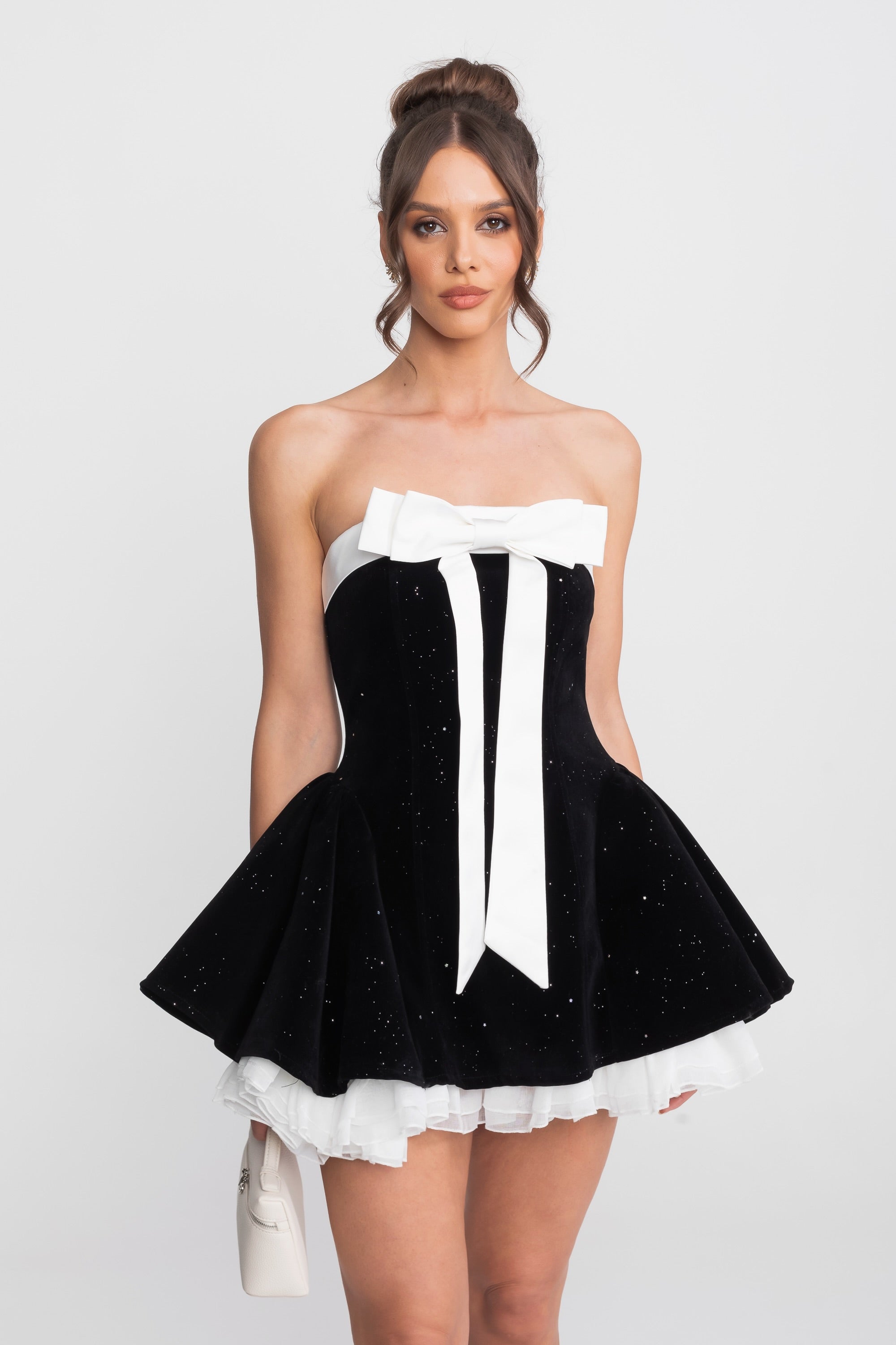 Strapless Velvet Mini Dress With Satin Bow And Ruffle Hem - Black