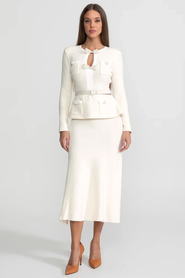 Tweed-Peplum-Strick-Midikleid – Ivoire 
