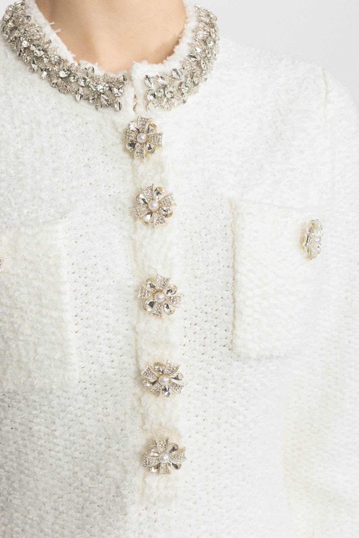 Crystal Collar Bouclé Knit Mini Dress - White