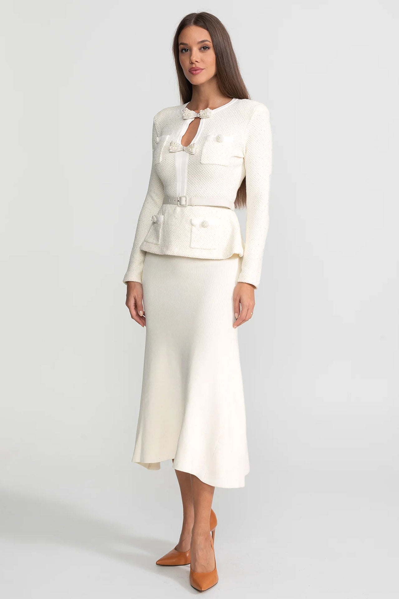 Tweed Peplum Knit Midi Dress – Ivoire