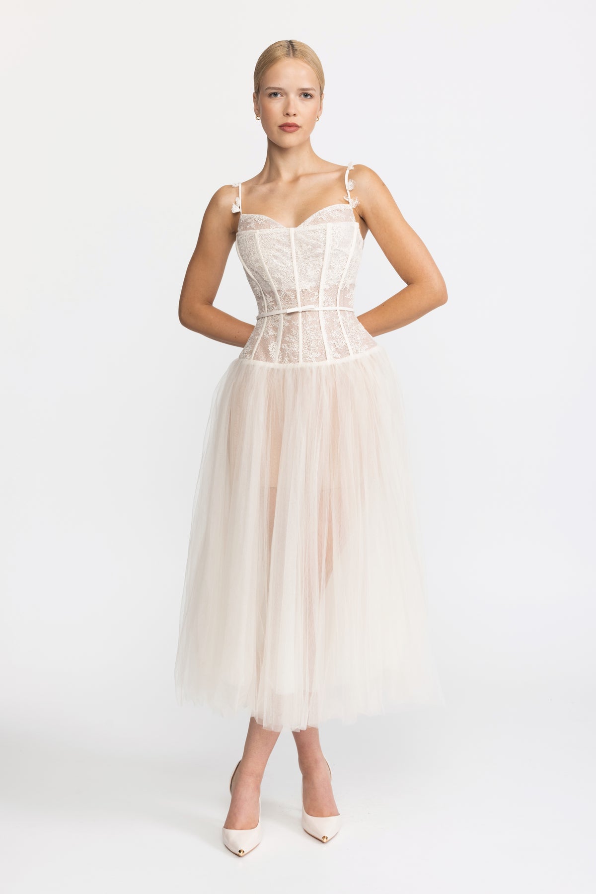 Midi-Kleid aus Tüll mit Spitzenkorsage – Beige 