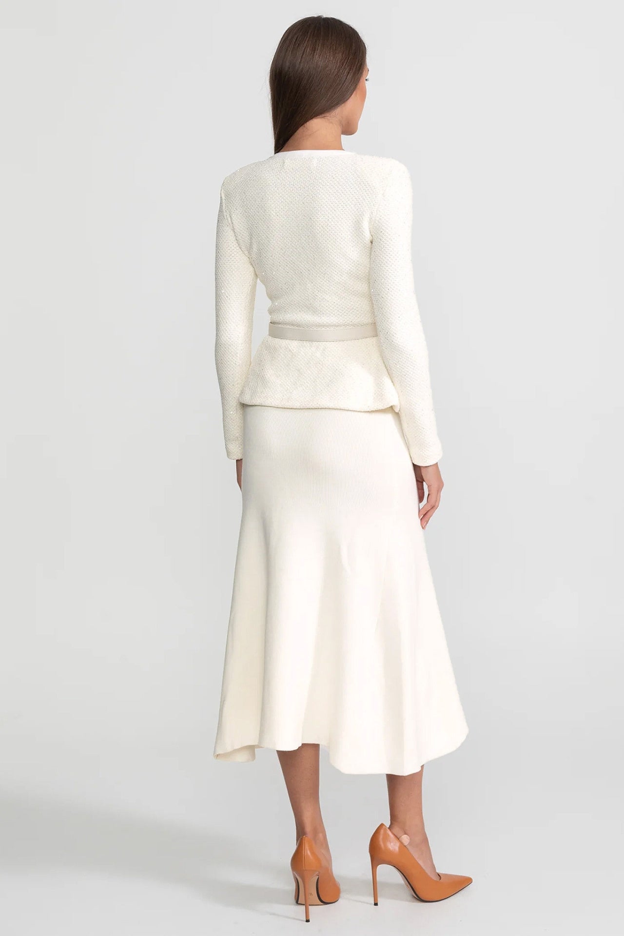 Tweed-Peplum-Strick-Midikleid – Ivoire 