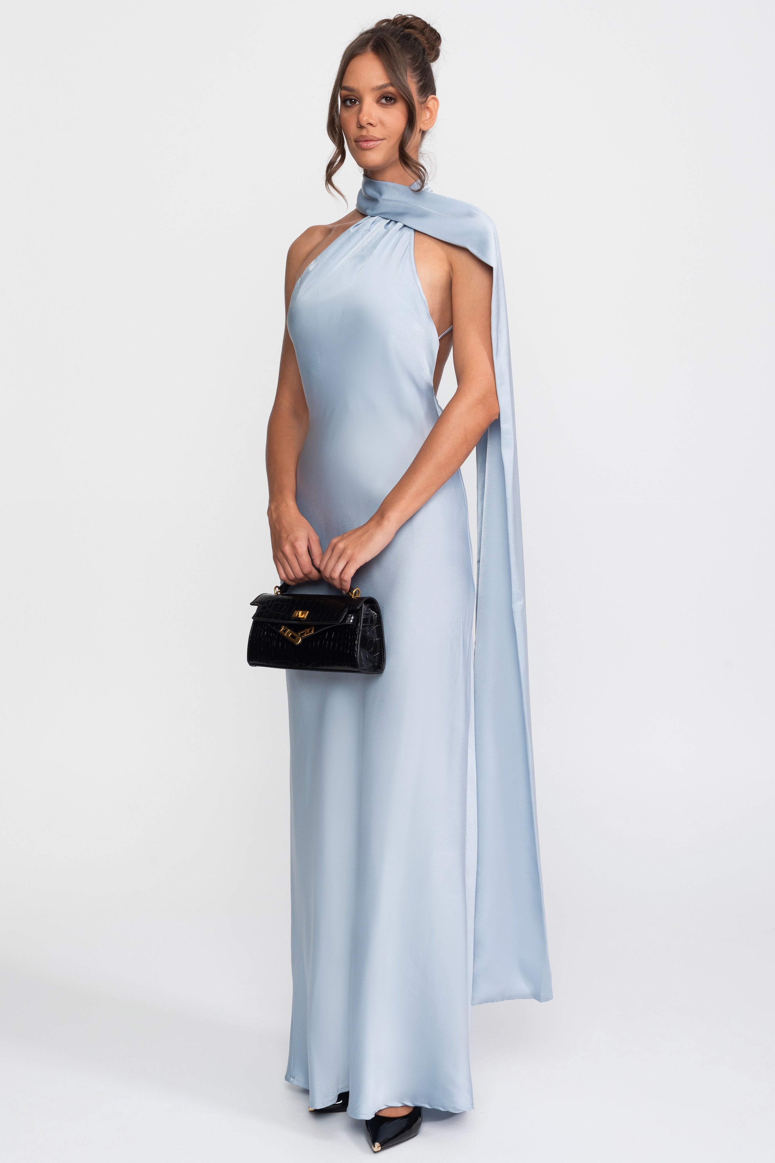 Twist-Halter-Satinkleid mit asymmetrischem Ausschnitt - Blau 