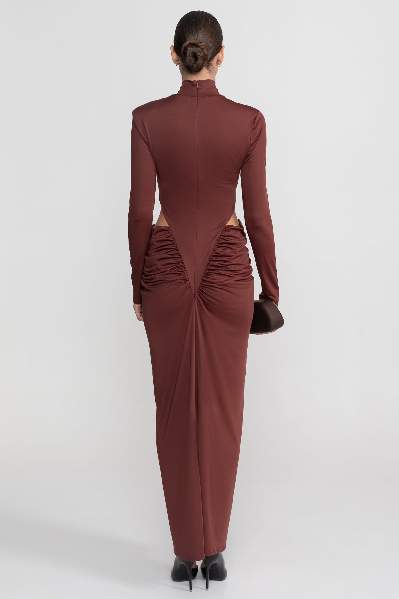 High Neck Maxi Dress With Long Sleeves And Waist Cut-Out Detail - Brown