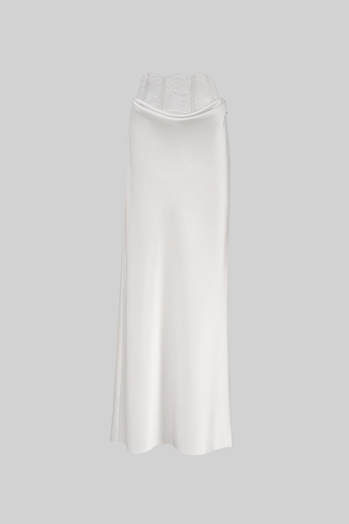 Satin Maxi Pencil Skirt with Lace Corset Waist – White