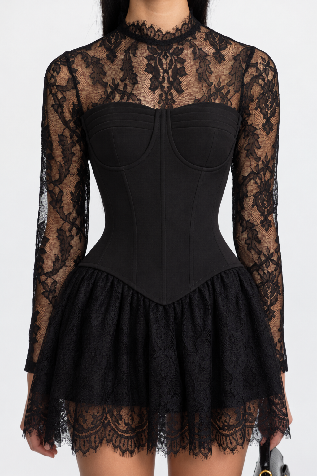 Corsagen-Minikleid mit Spitzeneinsatz und Spitzen-Rüschenrock - Schwarz 