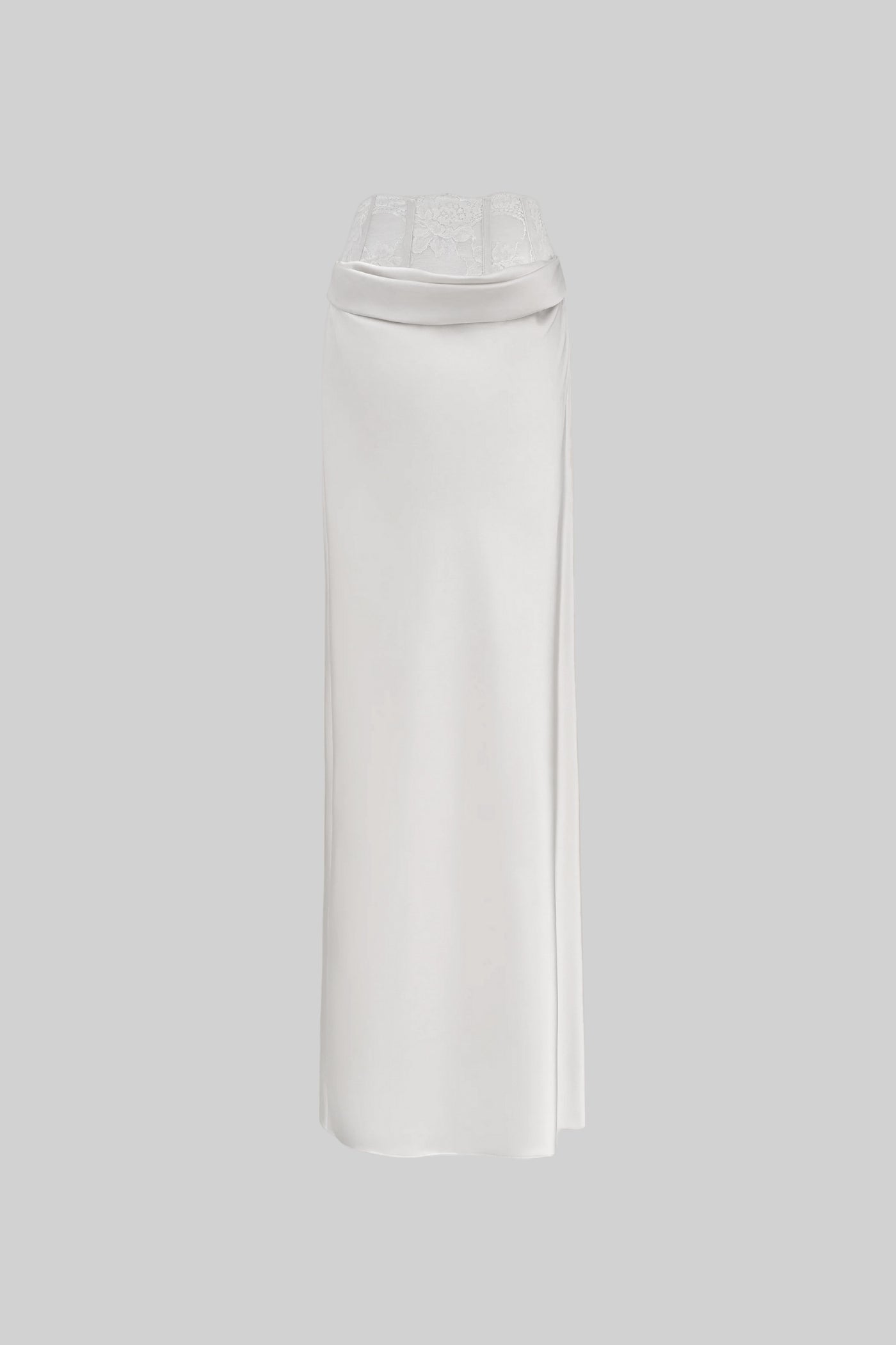 Satin Maxi Pencil Skirt with Lace Corset Waist – White