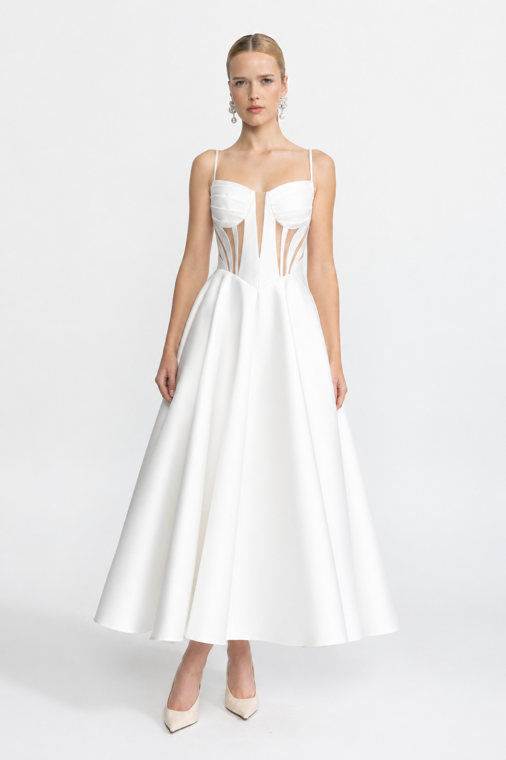 Midi-Korsettkleid aus Satin mit transparenten Einsätzen – Weiß 