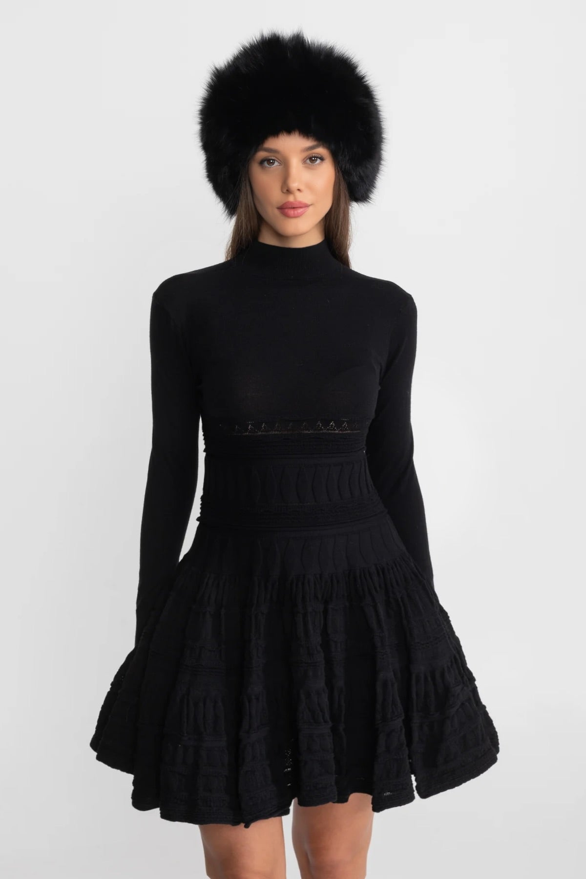Textured Knit Mini Dress with Flared Skirt - Black