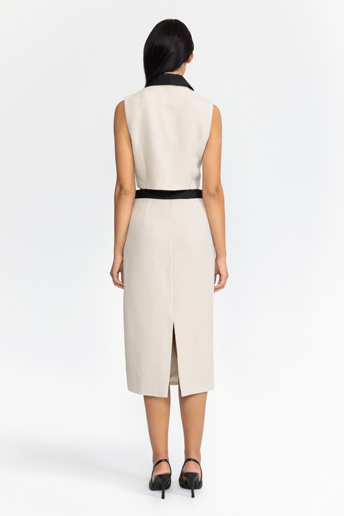 Contrast Collar Tweed Crop Top and Midi Skirt Set - Off-White