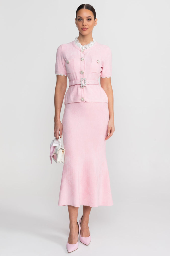 Kurzarm-Co-Ord mit Peplum-Taillierung und Gürtel mit Kristallknöpfen - Blush Pink 