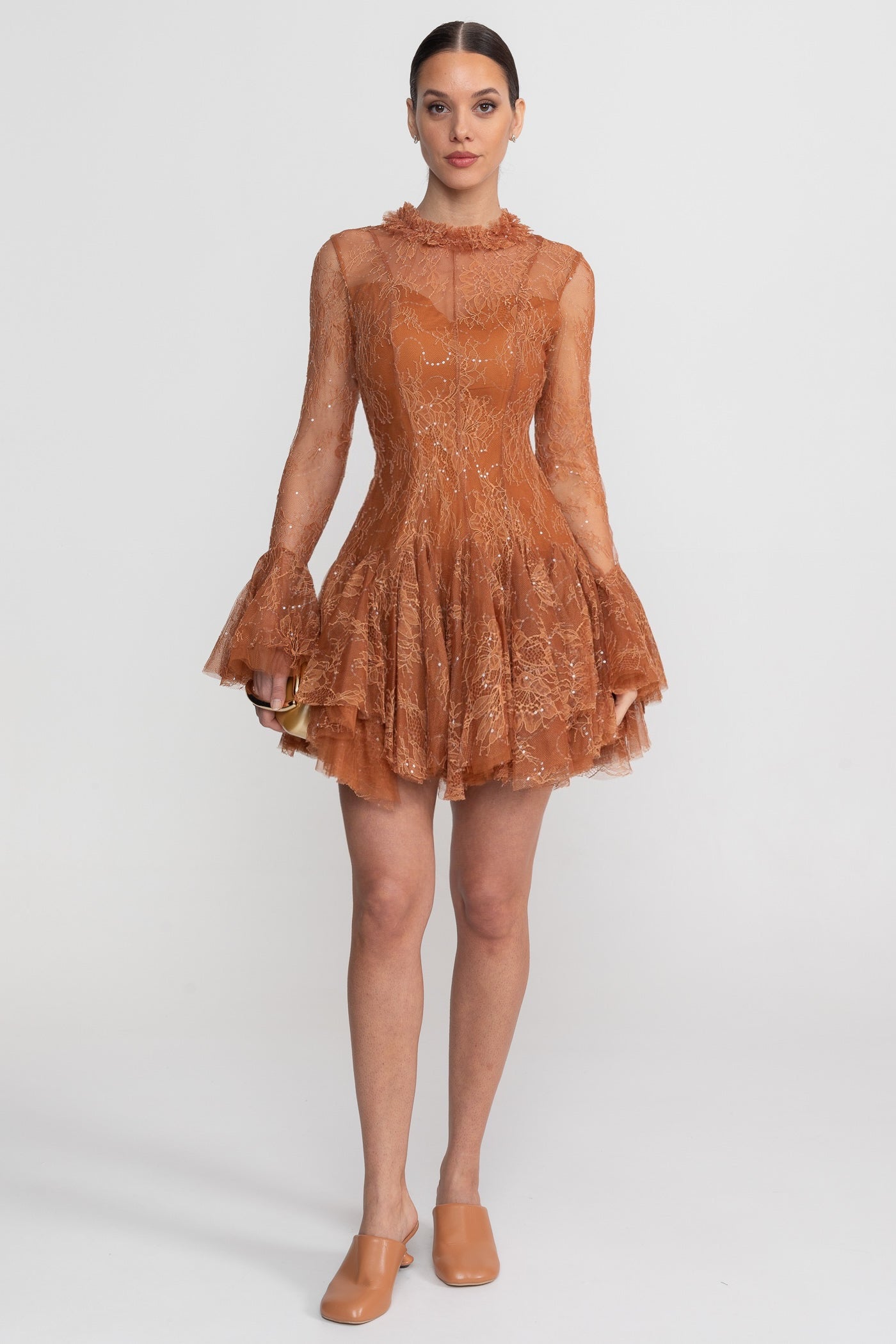 Transparentes Spitzen-Minikleid mit langen Ärmeln und gerafftem Saum - Rost 