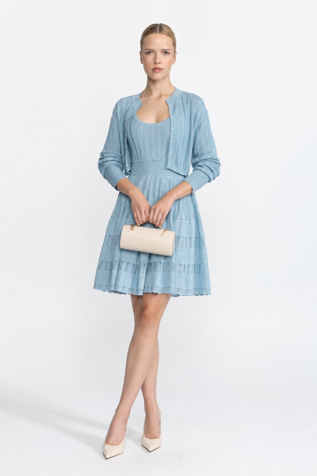 Rib Pointelle Knit Cropped Cardigan and Skater Dress Set - Light Blue