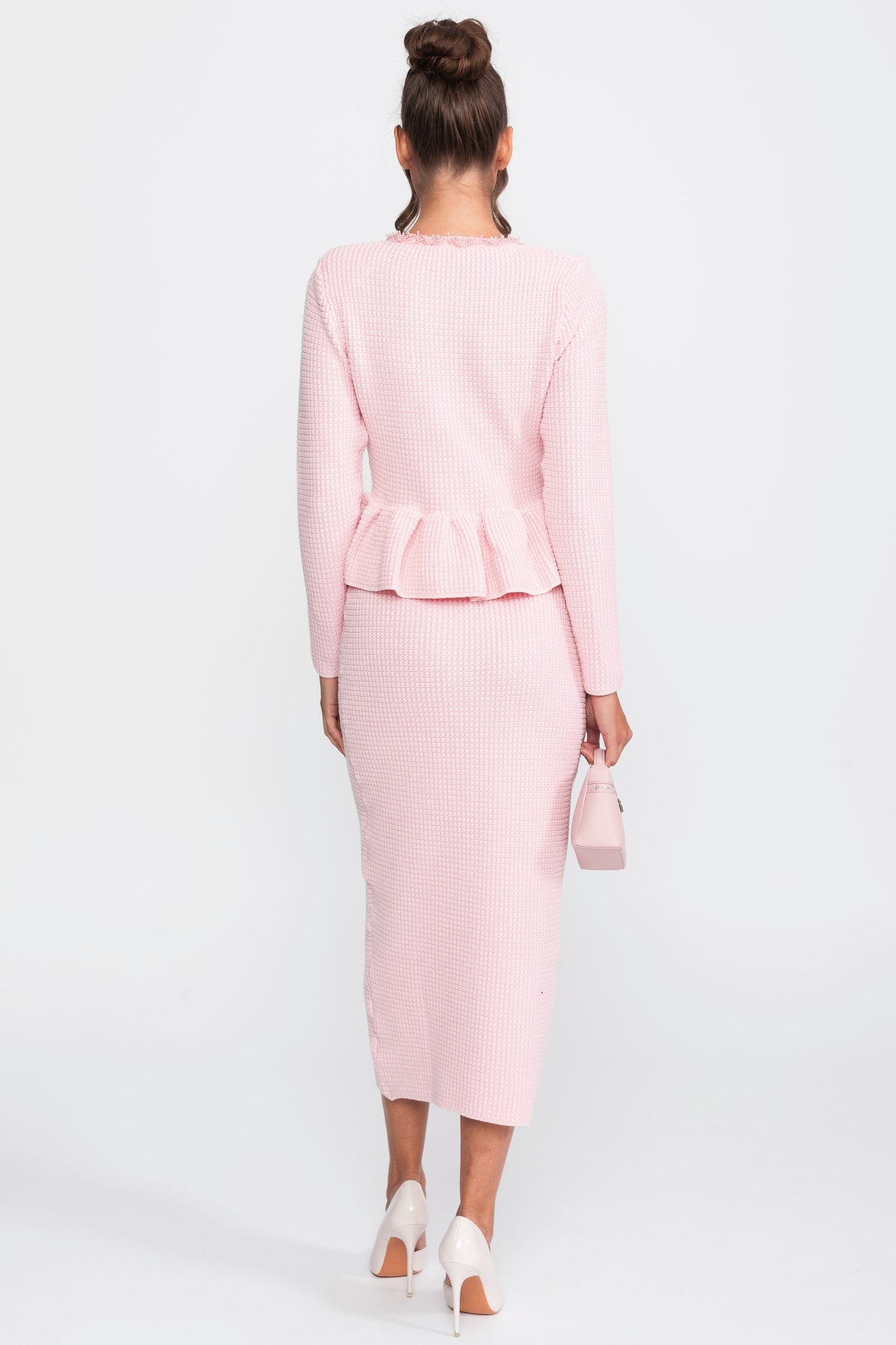 Strick-Peplum-Kleid mit Fransenbesatz und aufgesetzten Brusttaschen vorne - Pink 