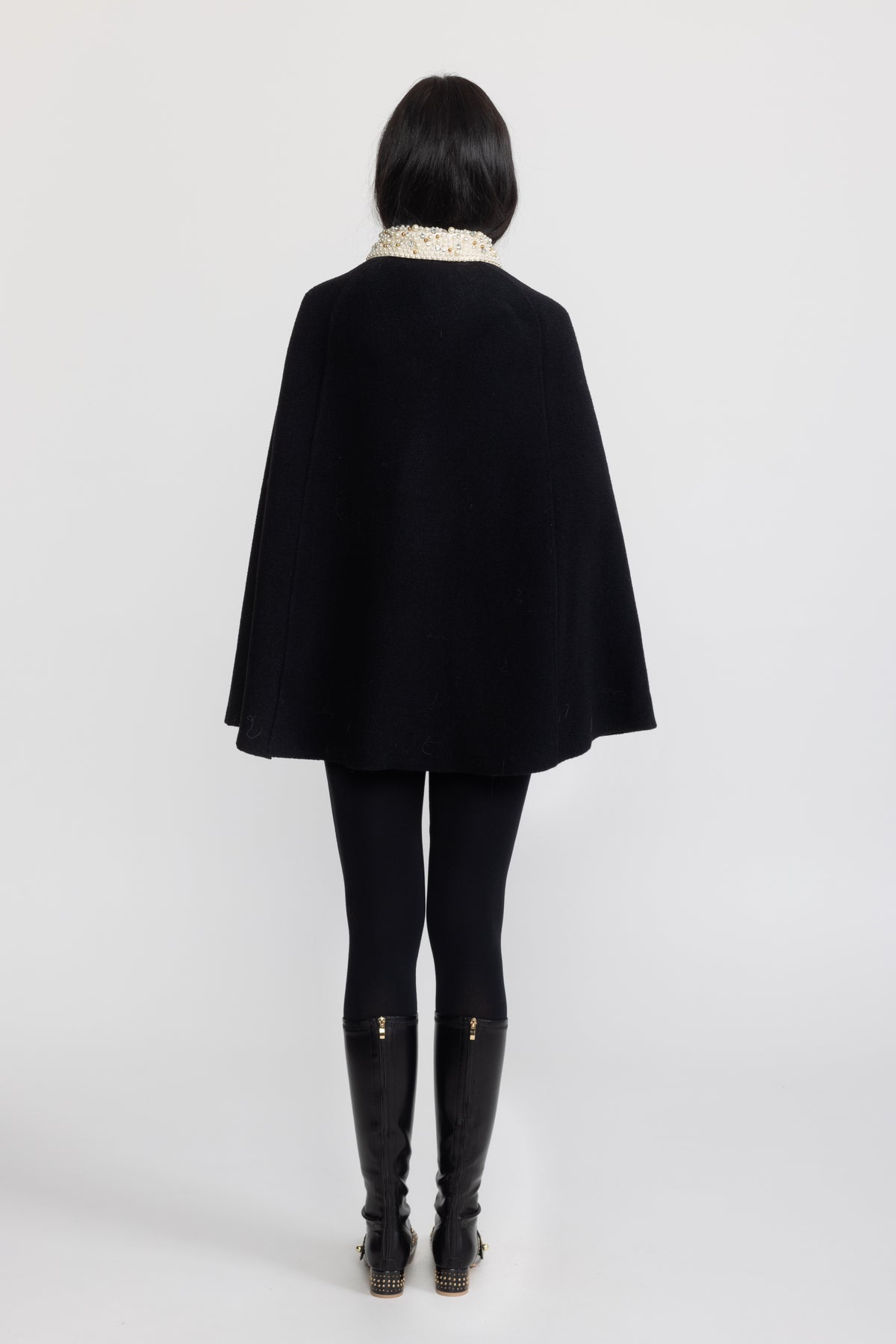 Pearl Embellished Collar Cape with Faux Fur Pockets - Black