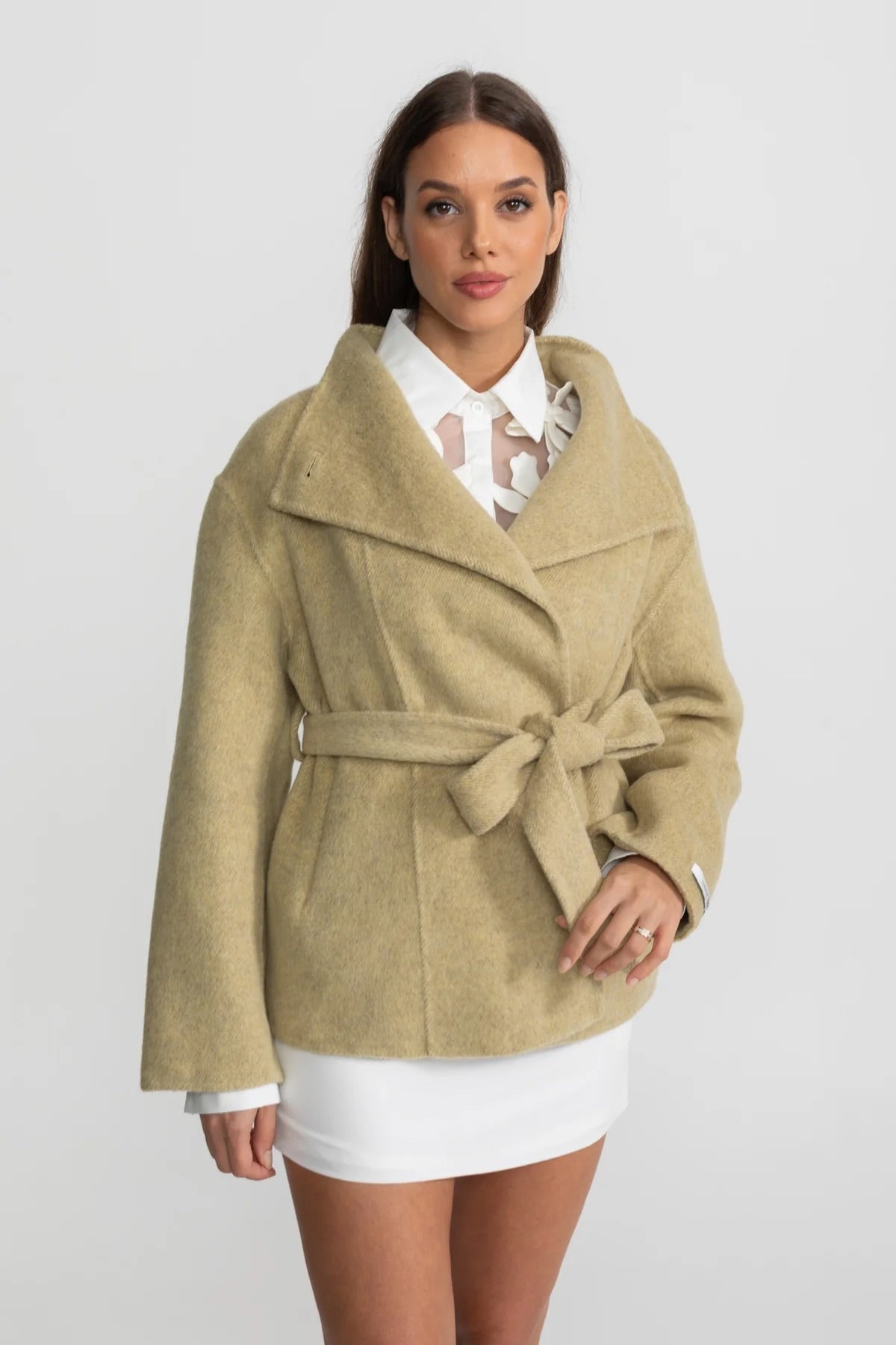 Belted Mini Coat With High Neckline - Beige