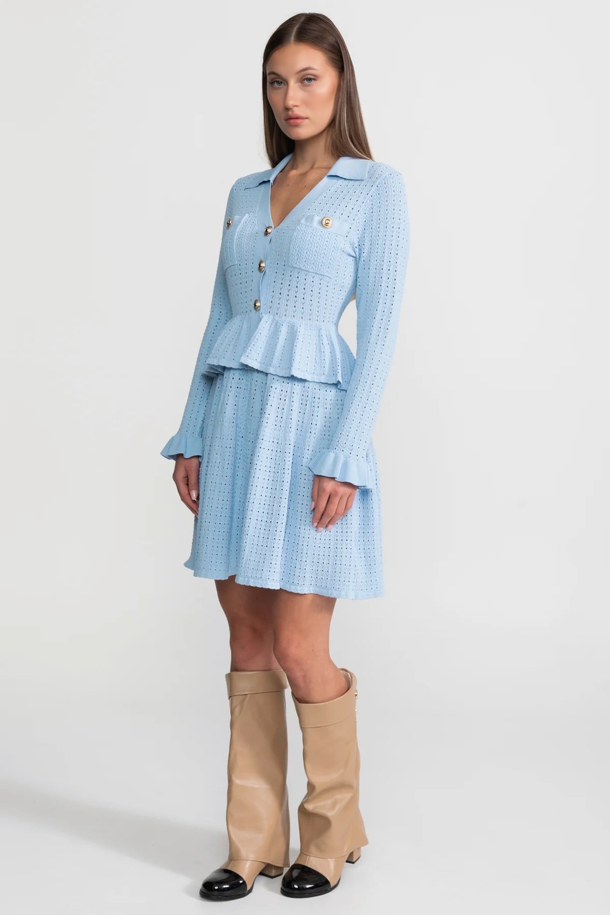Knit Mini Dress with Peplum Waist and Gold Button Detail - Light Blue