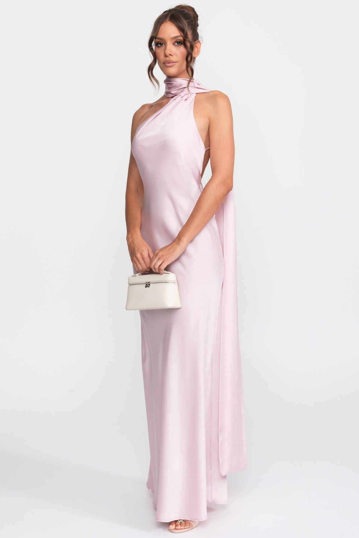 Twist-Halter-Satin-Slipkleid mit asymmetrischem Ausschnitt - Pink 
