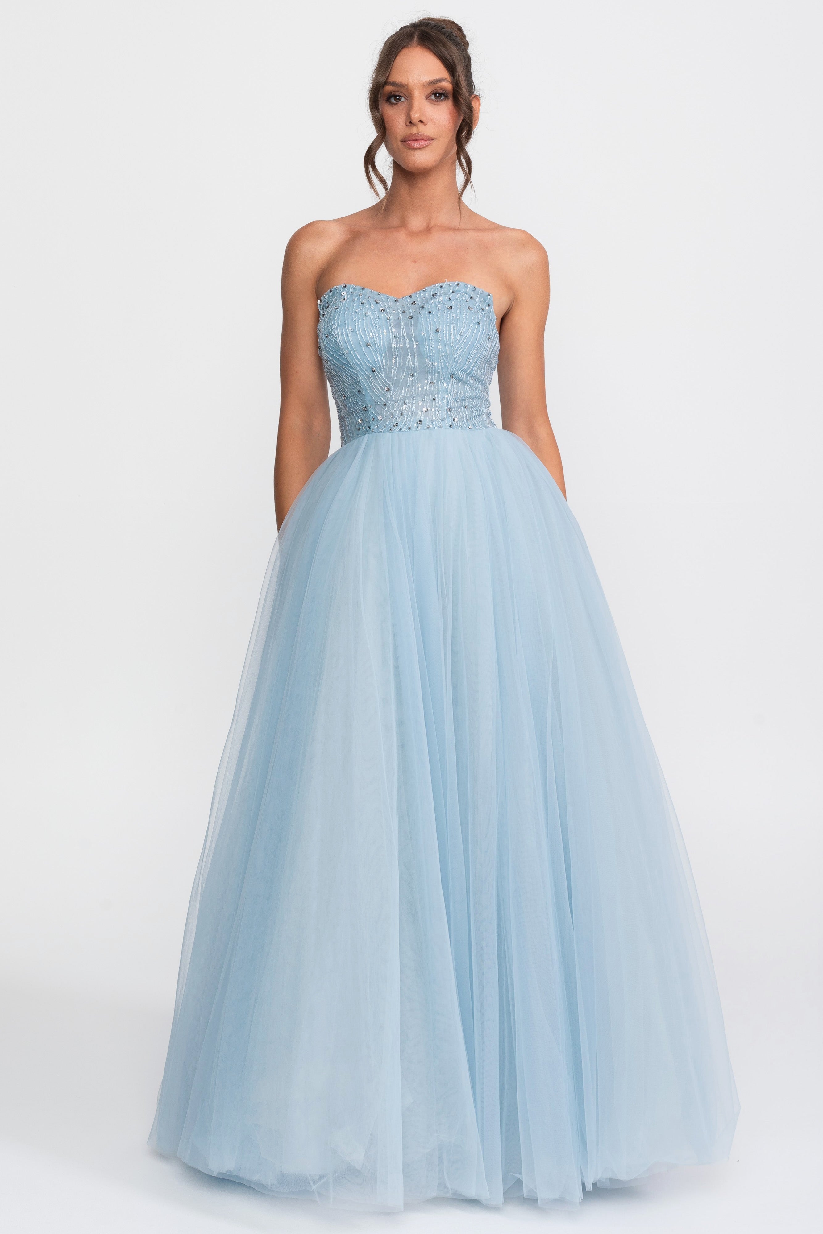 Tulle Strapless Ball Gown With Sequin Embellishments - Light Blue