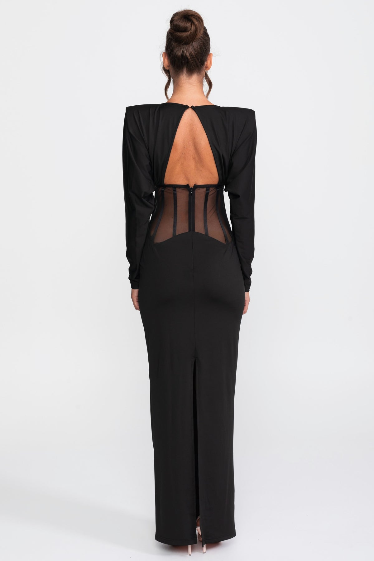 Cutout-Transparenz-Panel-Kleid mit langen Ärmeln - Schwarz 